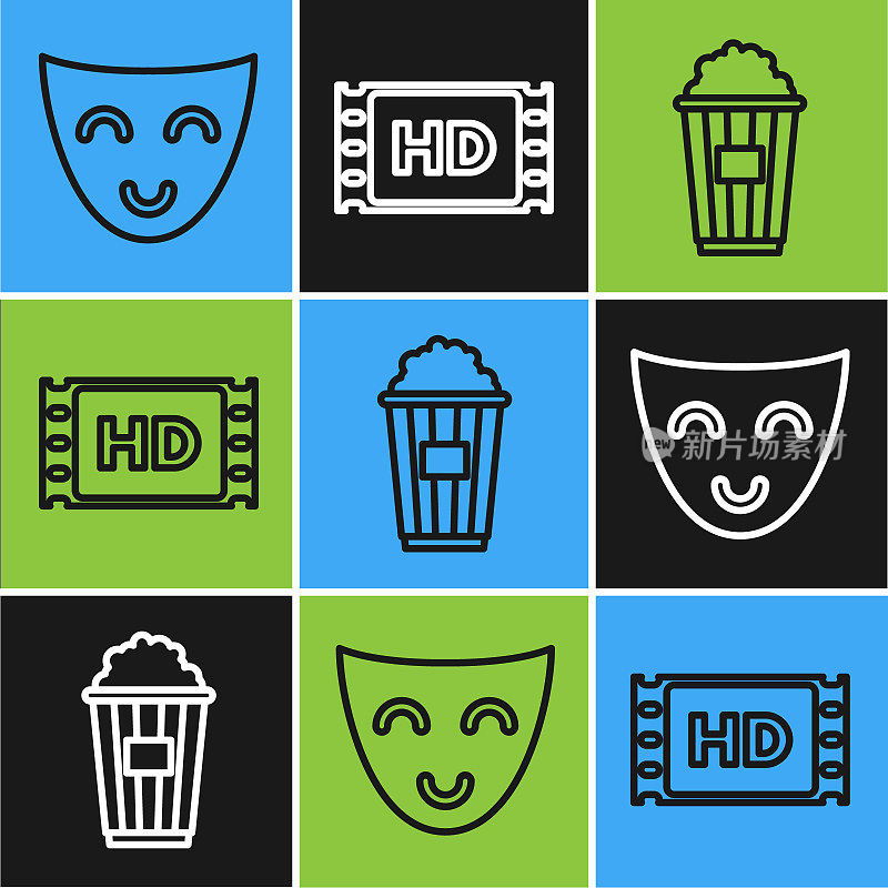 Set line Comedy theatrical mask , Popcorn in cardboard box and 4k movie, tape, frame icon. Vector